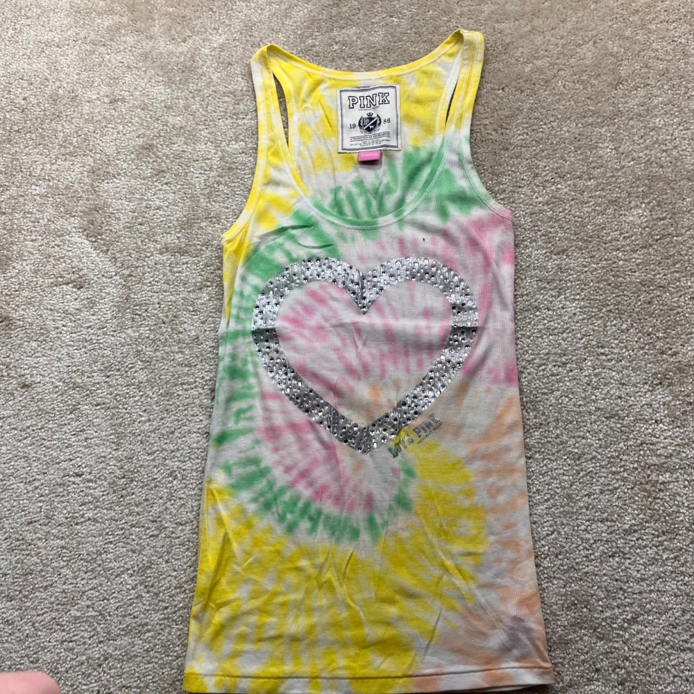 Victoria's Secret PINK Tie Dye Rhinestone Heart Ribbed Tank Top Medium Y2K